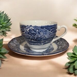 Staffordshire Liberty Blue ironstone flat cup and saucer set EUC